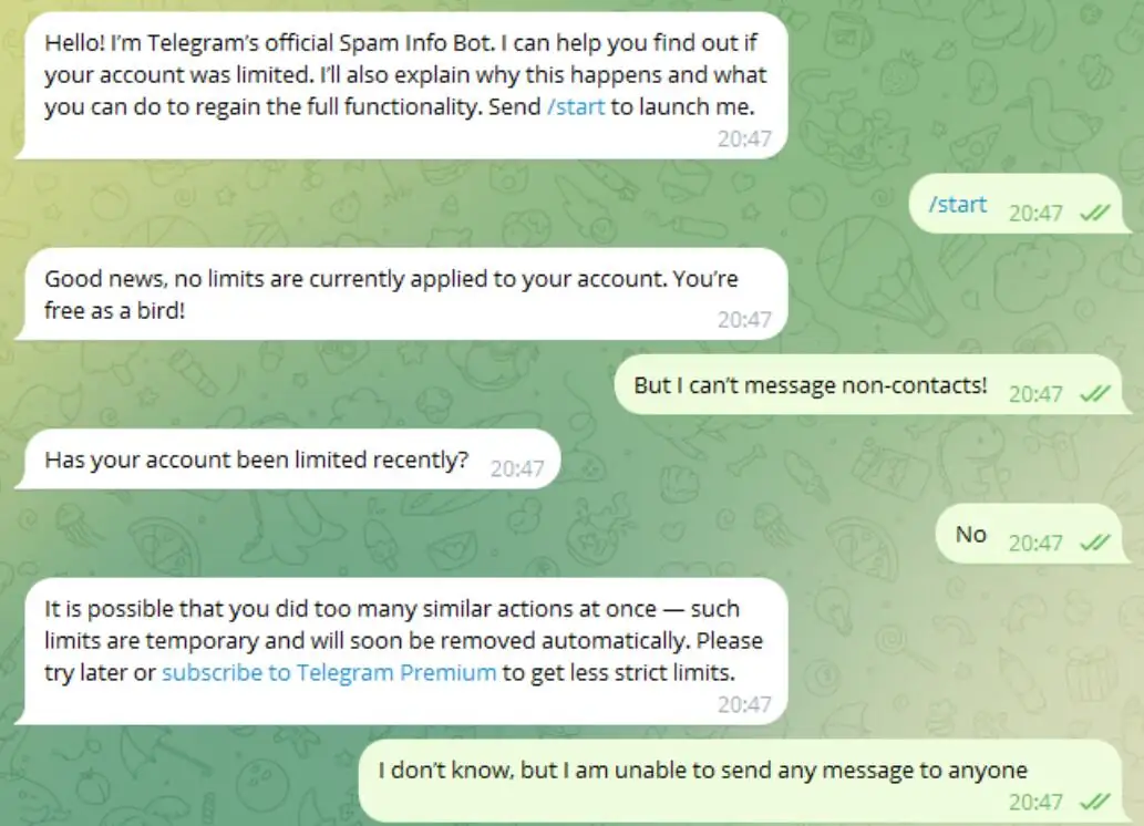 與SpamBot機器人的對話截圖